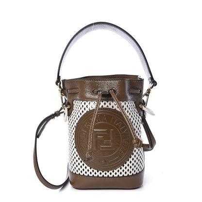 Fendi Vitello Liberty Glossy Lambskin F is Fendi Perforated Mini Mon Tresor Bucket Bag White Ice Rust Maya 1 of 9