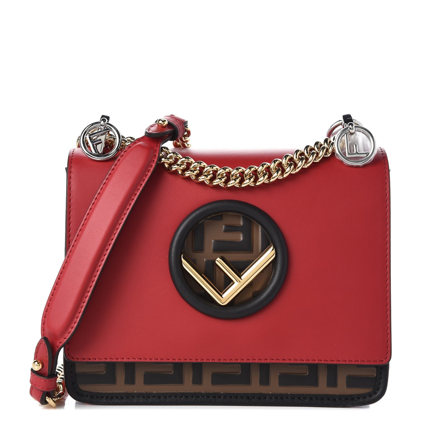 Fendi Vitello Century F is Fendi Bi-Color FF 1974 Embossed Small Kan I Shoulder Bag Fragola Maya Black 1 of 8