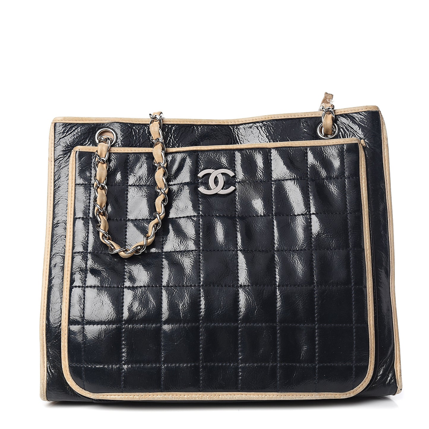 Patent Chocolate Bar Quilted Tote Black