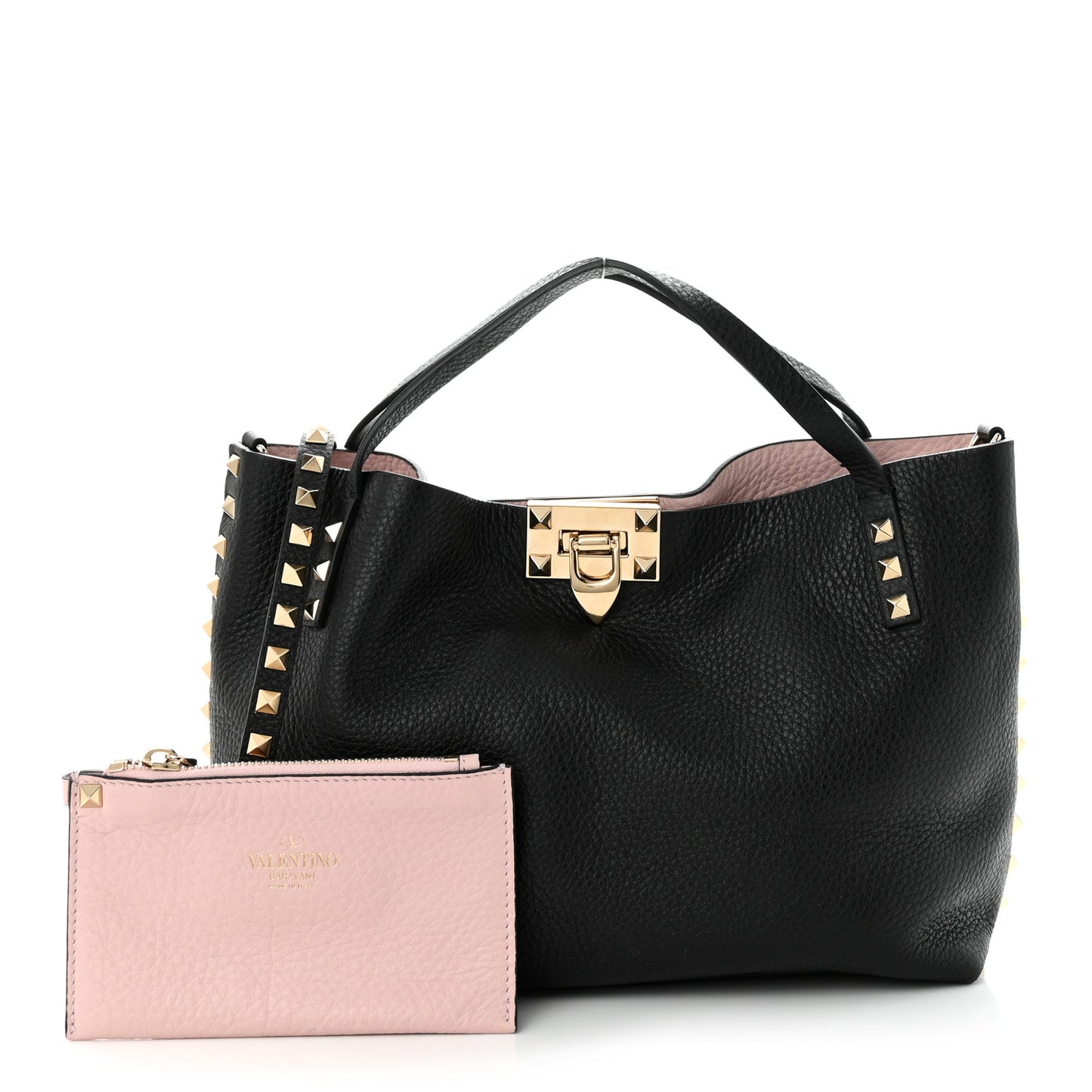 Grained Calfskin Small Rockstud Flip Lock Tote Black Rose Quartz
