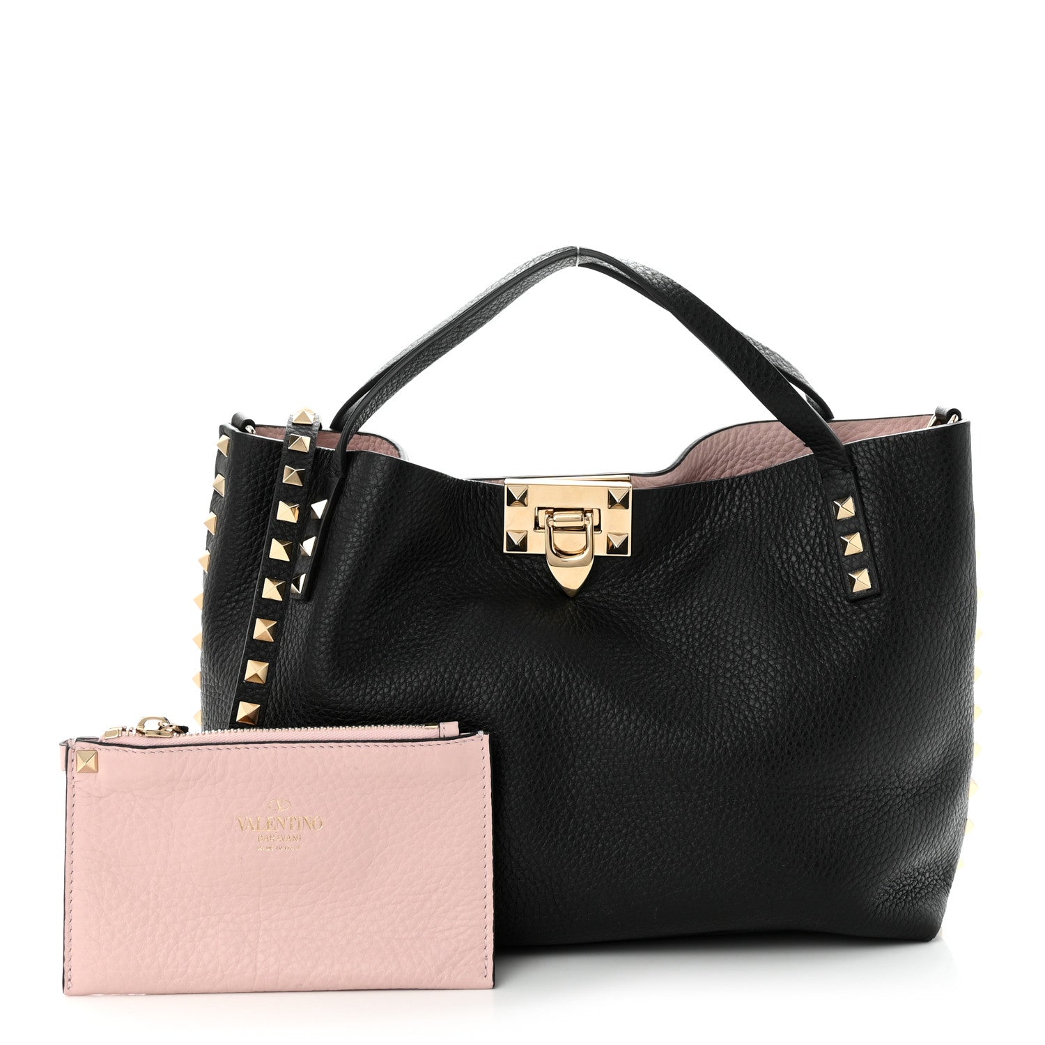 Valentino Garavani Grained Calfskin Small Rockstud Flip Lock Tote Black Rose Quartz 1 of 12