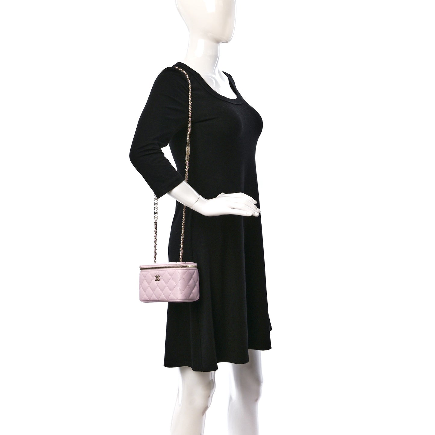 Caviar Quilted Small Vanity Case With Chain Pink