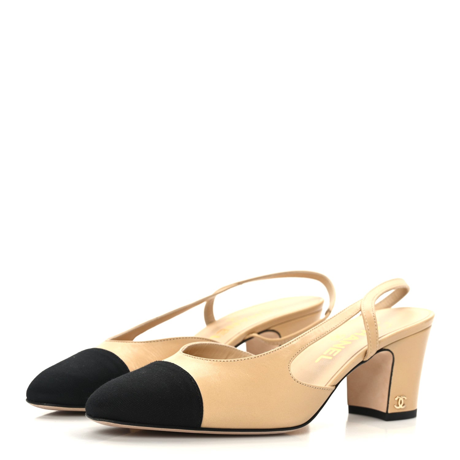 Chanel Goatskin Grosgrain Cap Toe CC Slingback Pumps 38 Beige Black 3 of 8