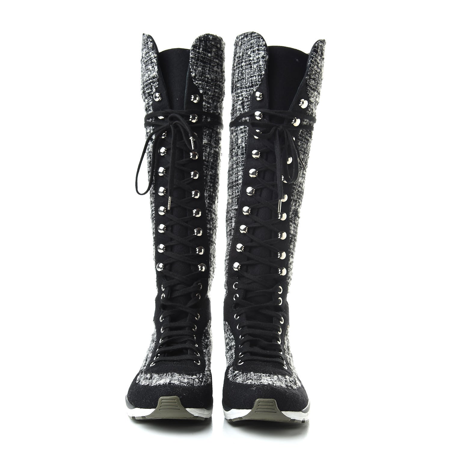 Chanel Tweed Suede Calfskin Sneaker High Boots 38.5 Black White 2 of 6