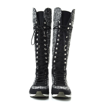Chanel Tweed Suede Calfskin Sneaker High Boots 38.5 Black White 2 of 6