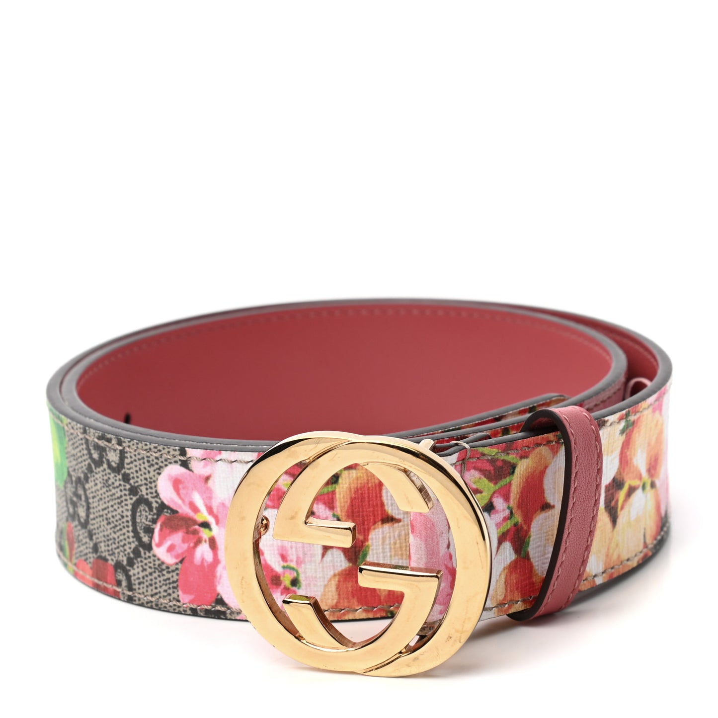 GG Supreme Monogram Blooms Moon Calfskin Interlocking G 37mm Belt 80 32 Beige Ebony Multicolor Dry Rose