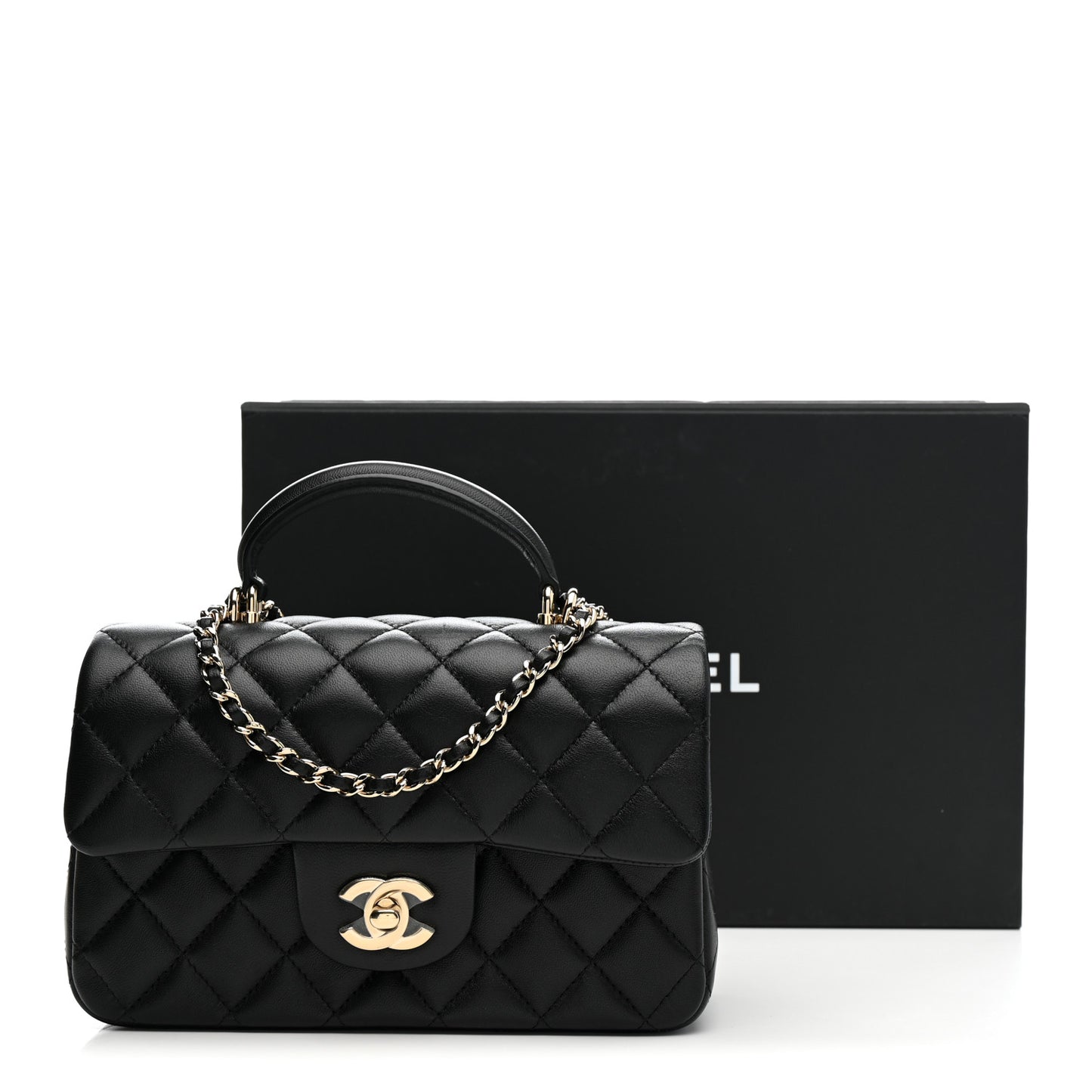 Lambskin Quilted Mini Top Handle Rectangular Flap Black