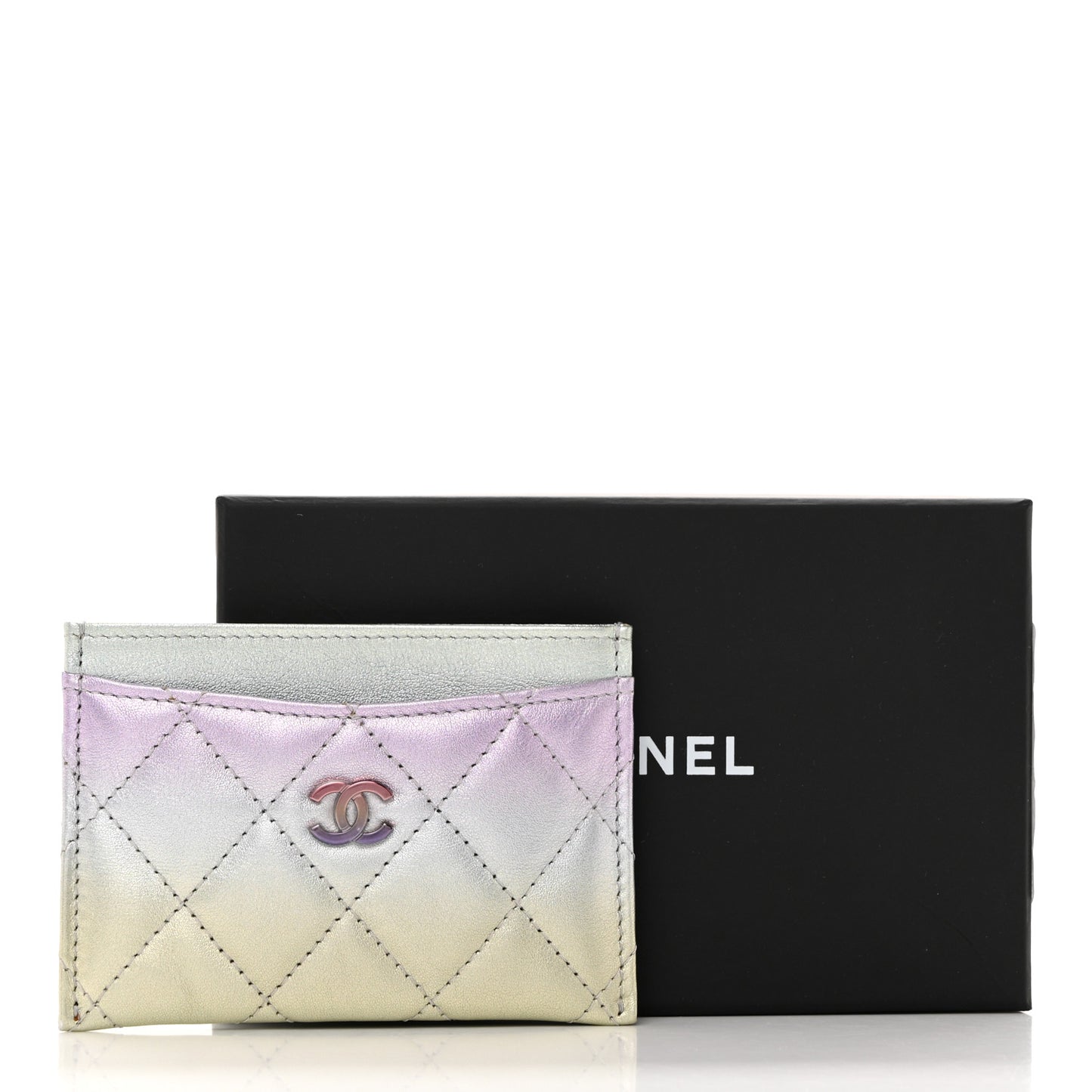 Gradient Metallic Calfskin Quilted Card Holder Silver Blue Yellow Purple