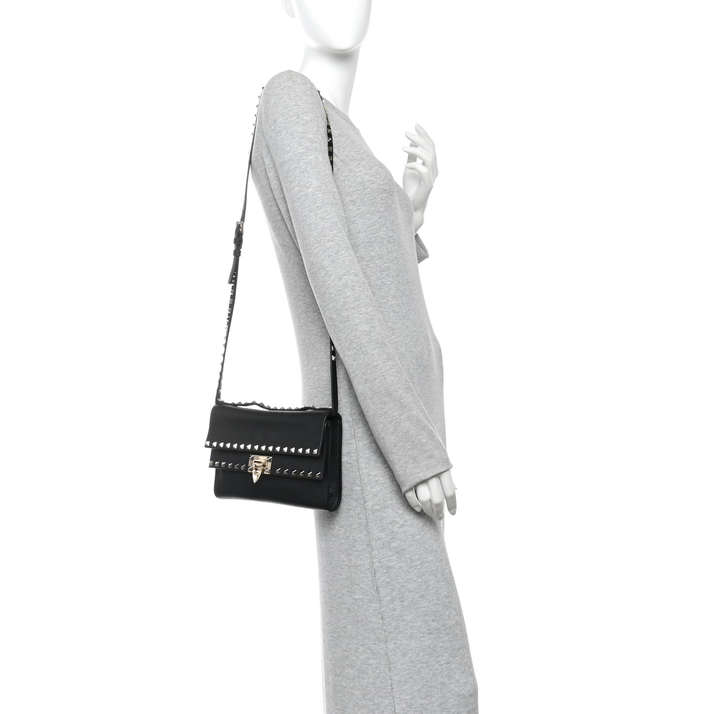 Pebbled Calfskin Rockstud Double Flap Crossbody Bag Black