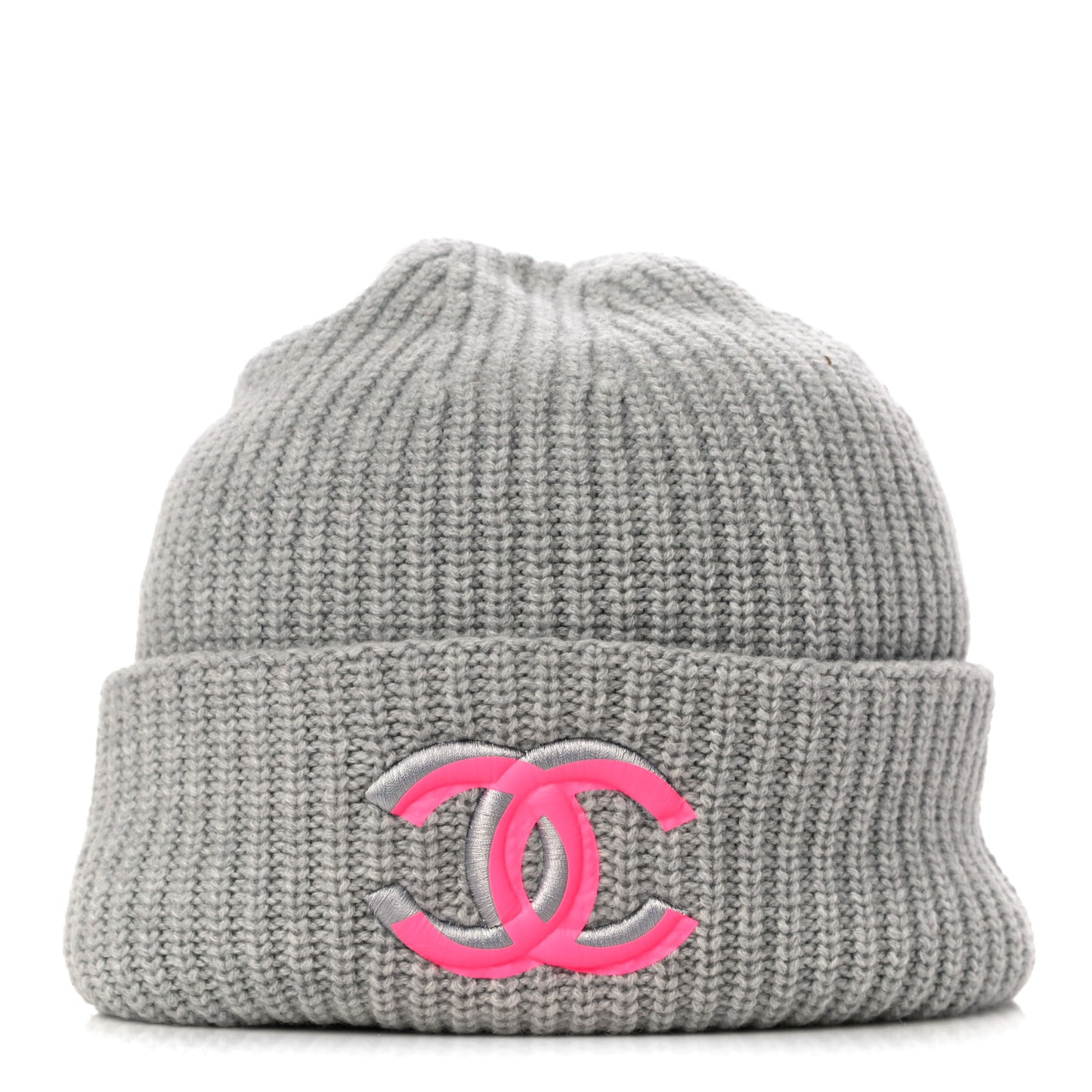 Wool Cashmere CC Beanie Hat Light Grey Fuchsia