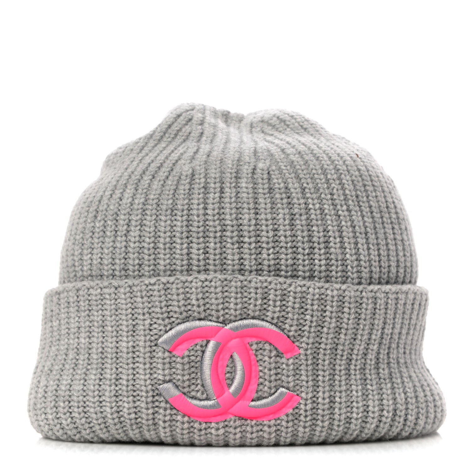 Chanel Wool Cashmere CC Beanie Hat Light Grey Fuchsia 3 of 6