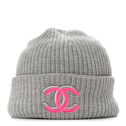 Chanel Wool Cashmere CC Beanie Hat Light Grey Fuchsia 3 of 6