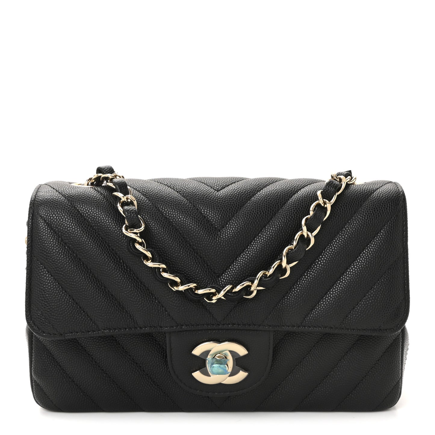 Caviar Chevron Quilted Mini Rectangular Flap Black
