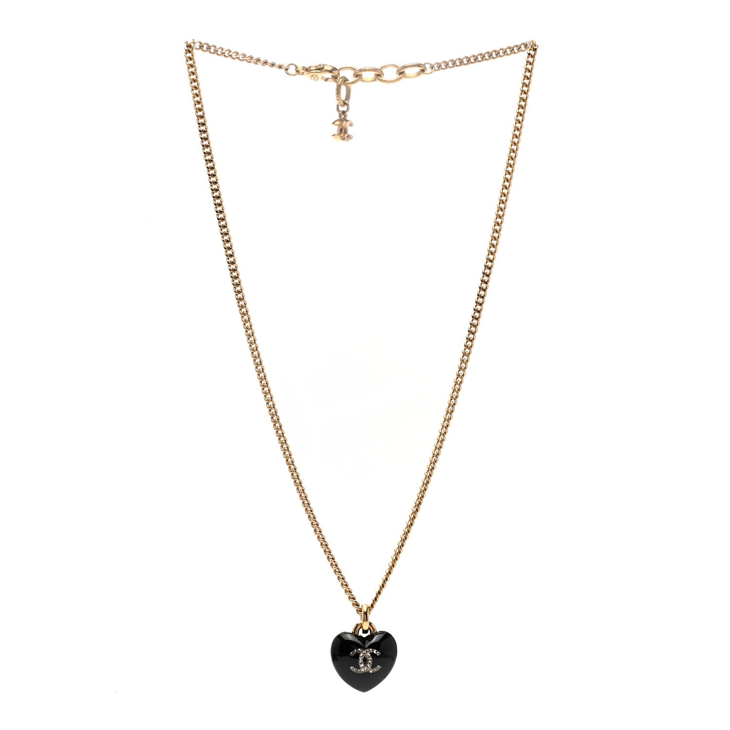 Chanel Resin Crystal CC Heart Necklace Black Gold 3 of 7