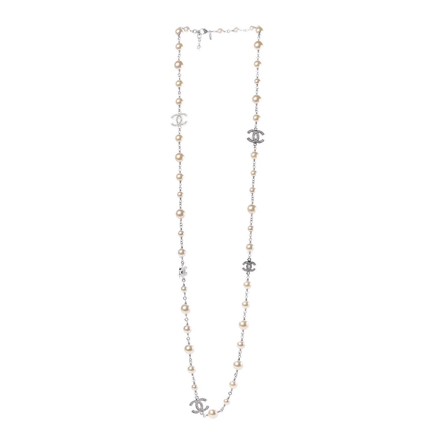 Crystal Pearl CC Long Necklace Silver