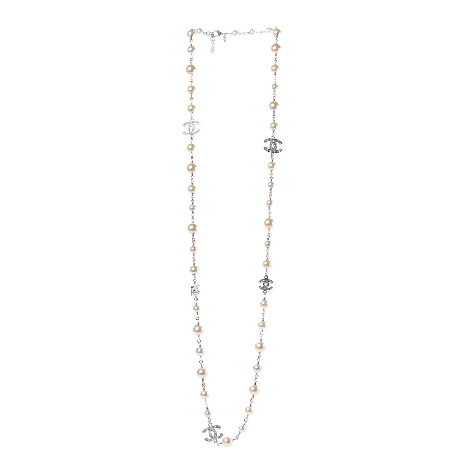 Chanel Crystal Pearl CC Long Necklace Silver 3 of 6