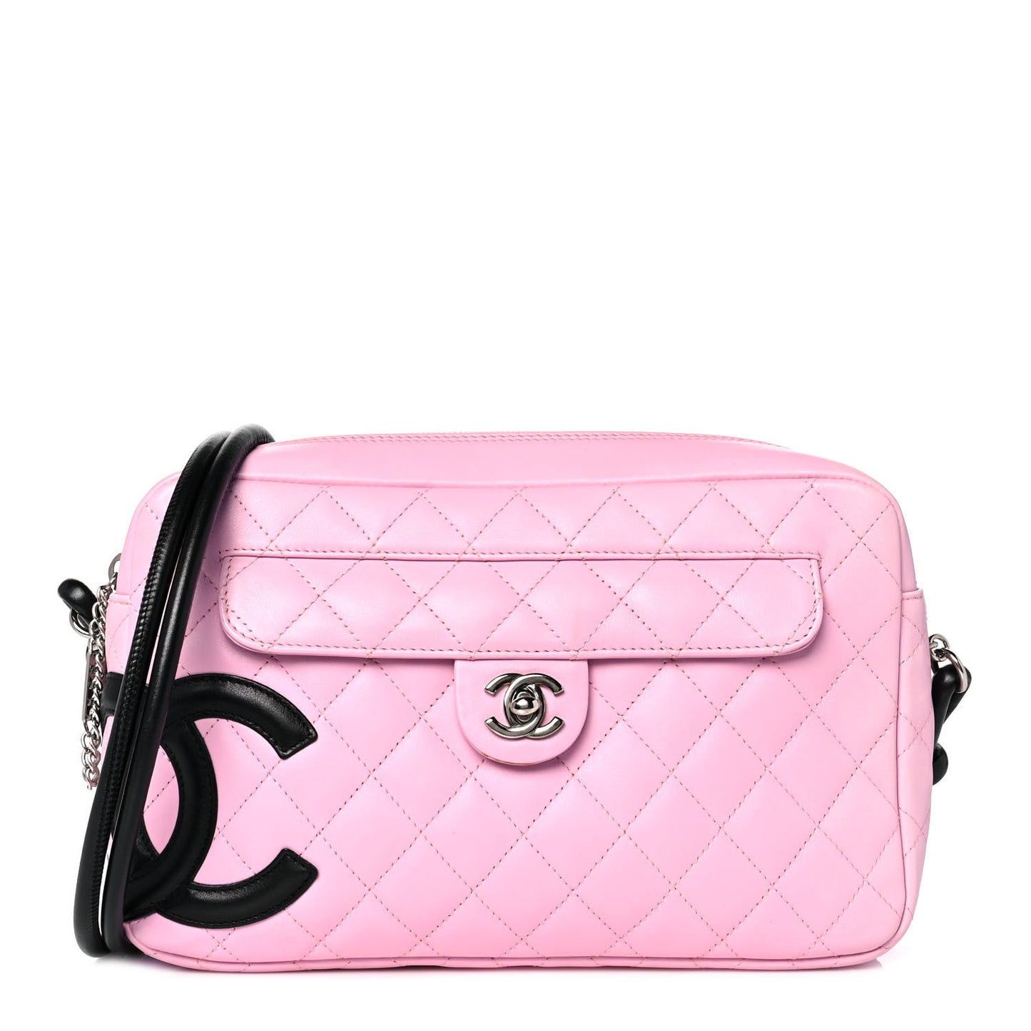 Calfskin Quilted Cambon Camera Case Pink Black