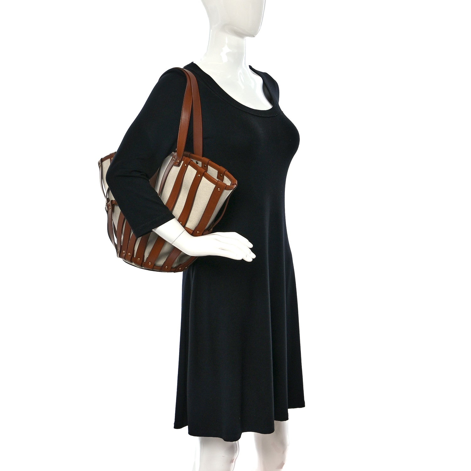 Saint Laurent Calfskin Canvas Beatrix Panier Cut Out Tote Grege Brick 2 of 9