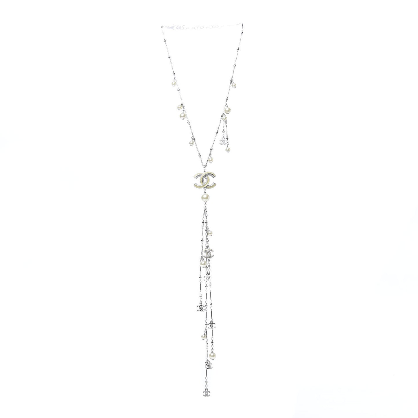 Crystal Pearl CC Beaded Long Necklace Silver