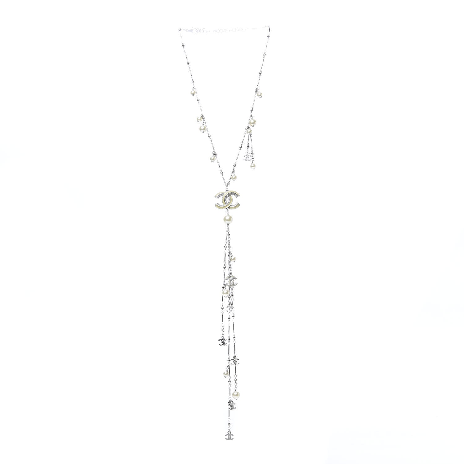 Chanel Crystal Pearl CC Beaded Long Necklace Silver 3 of 5