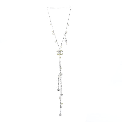 Chanel Crystal Pearl CC Beaded Long Necklace Silver 3 of 5