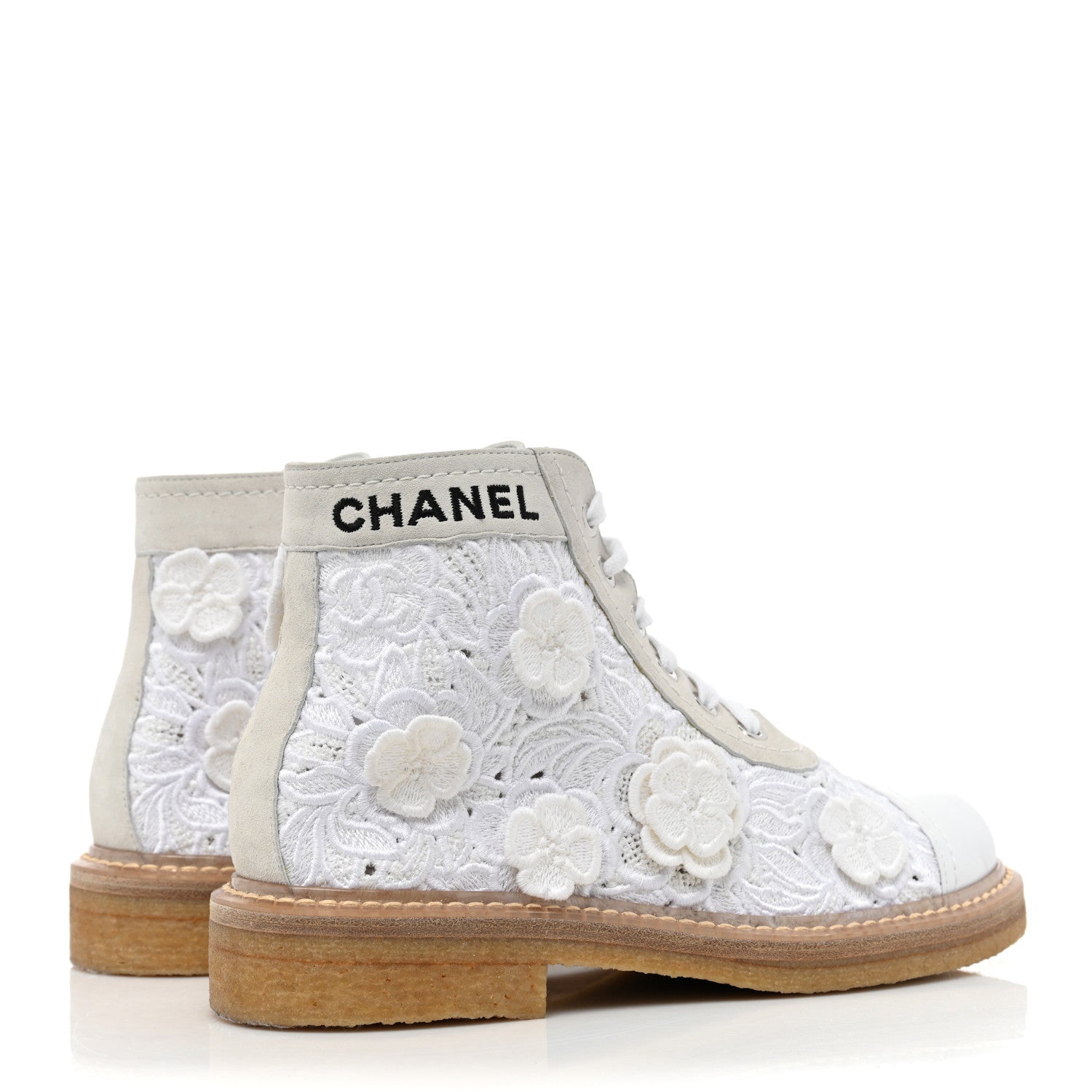 Chanel Embroidered Flower Calfskin Lace Up Boots 36 White 4 of 9