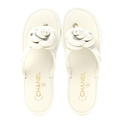Chanel Patent Calfskin Camellia Thong Sandals 37.5 White 2 of 10