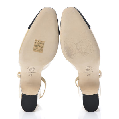 Chanel Goatskin Grosgrain Cap Toe CC Slingback Pumps 36 Beige Black 5 of 9