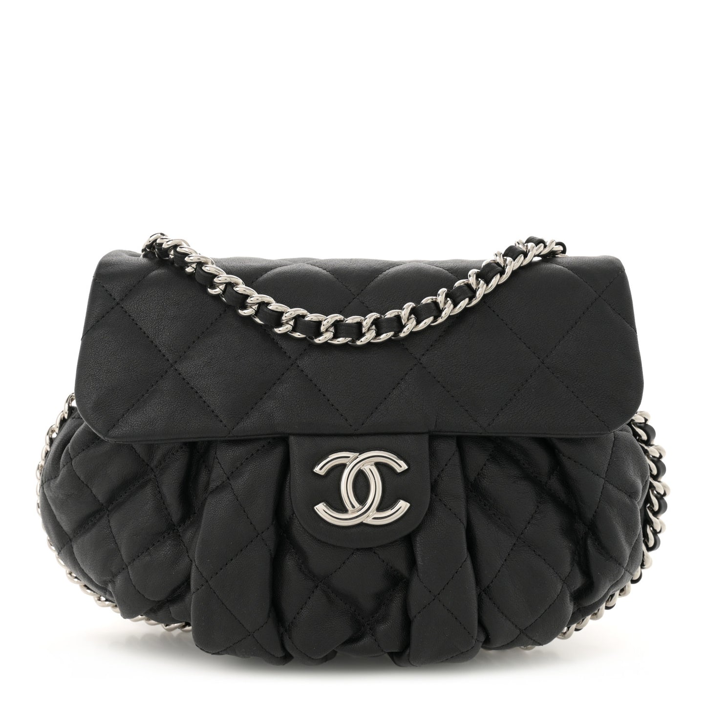 Washed Lambskin Quilted Medium Chain Around Flap  Black