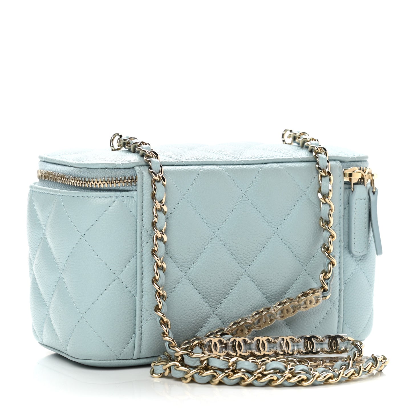 Caviar Quilted Small Tiny CC Vanity Case With Chain Light Blue
