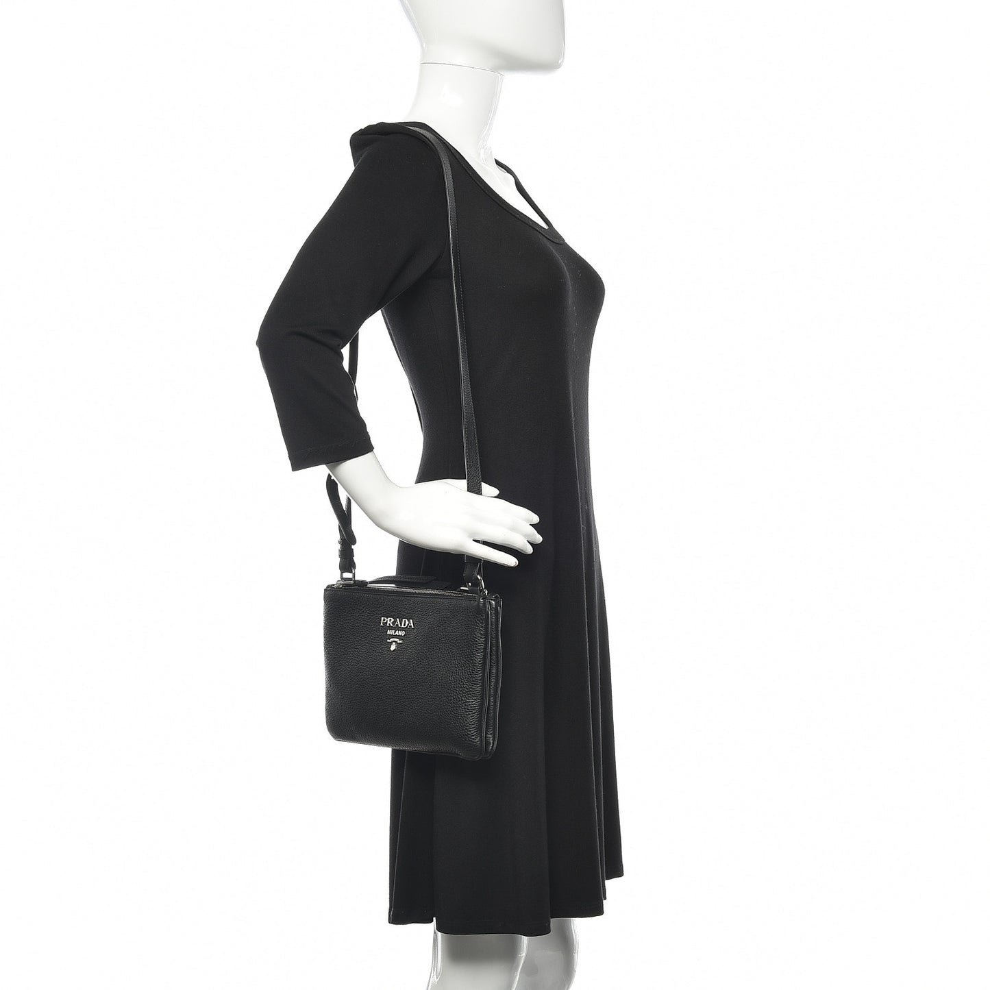 Vitello Daino Double Zip Crossbody Bag Black