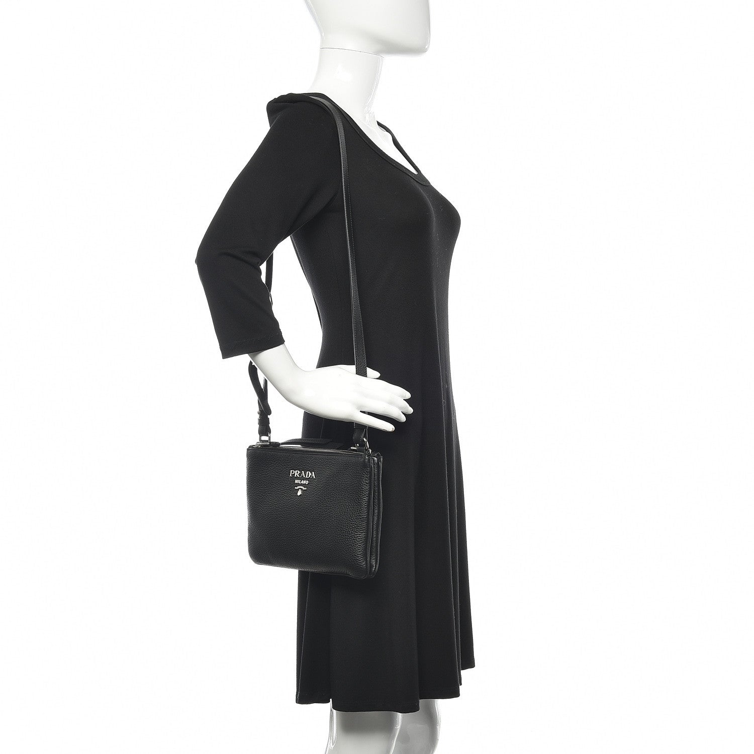 Prada Vitello Daino Double Zip Crossbody Bag Black 2 of 11