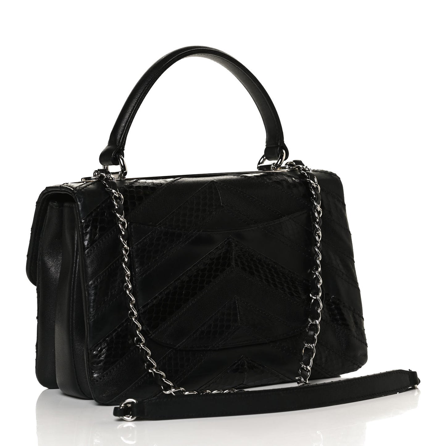 Calfskin Sheepskin Watersnake Chevron Quilted CC Small Trendy CC Dual Handle Flap Bag Black