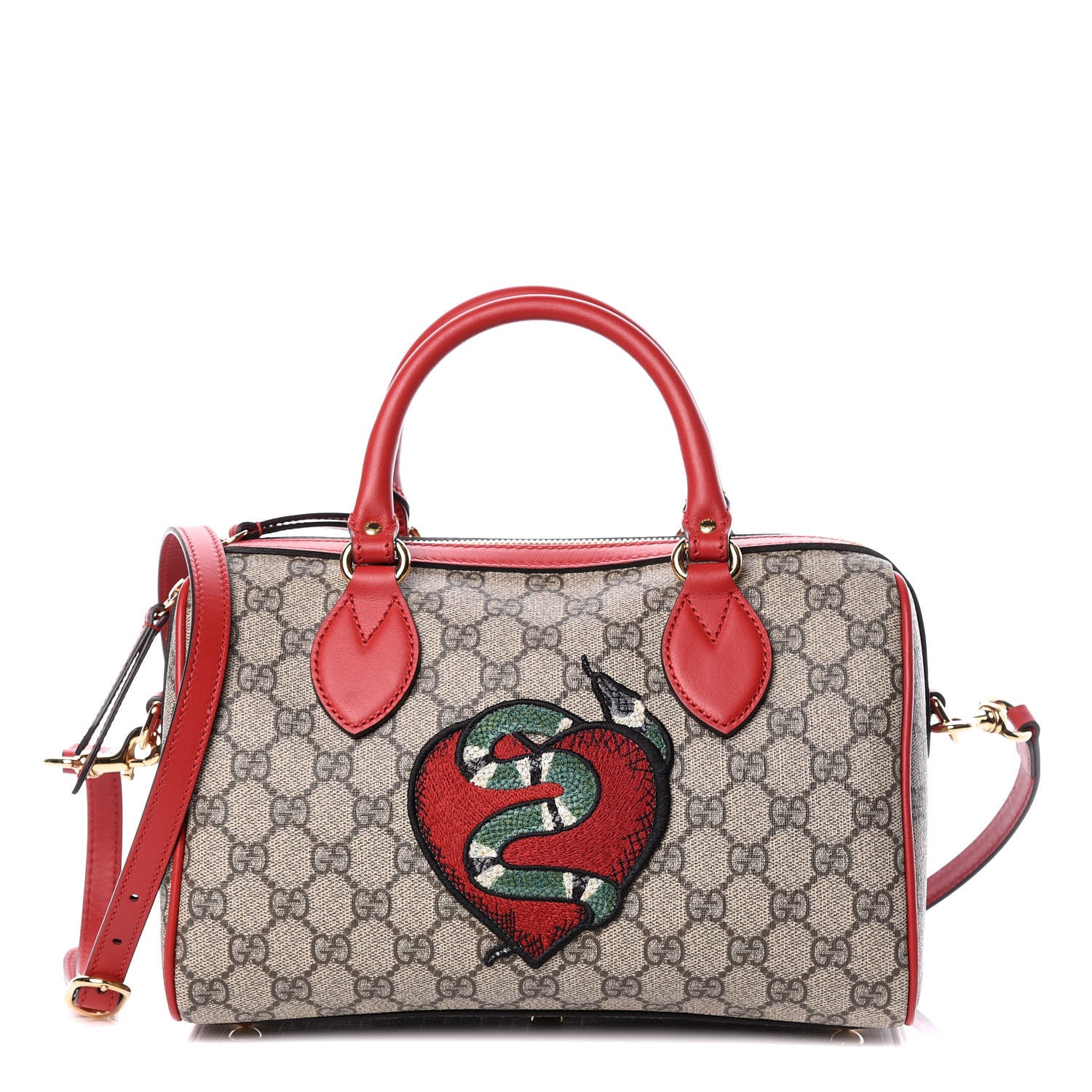 Gucci GG Supreme Monogram Kingsnake Heart Embroidered Small Boston Red 1 of 11