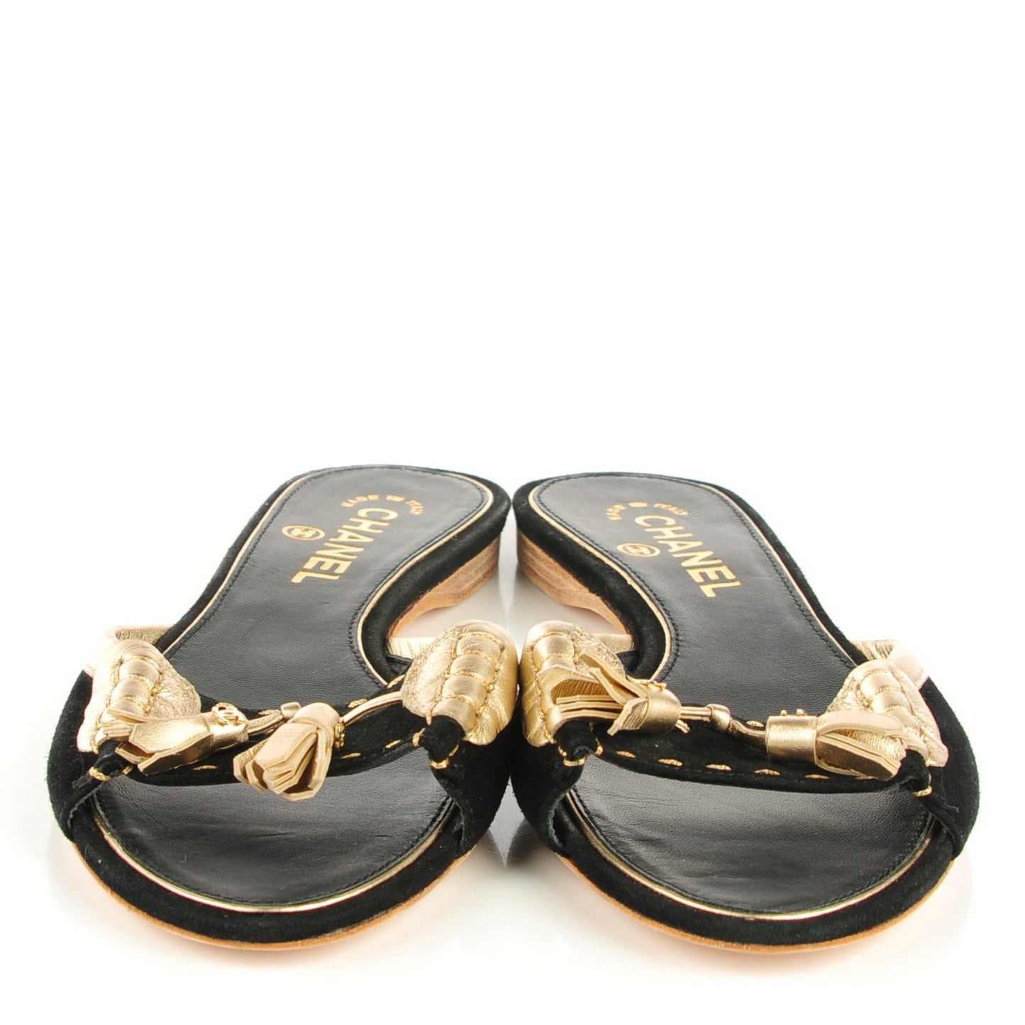 Metallic Lambskin Suede Tassel Sandals 38 Black Gold