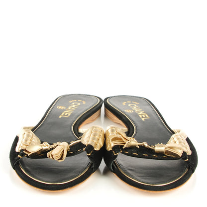 Chanel Metallic Lambskin Suede Tassel Sandals 38 Black Gold 2 of 7
