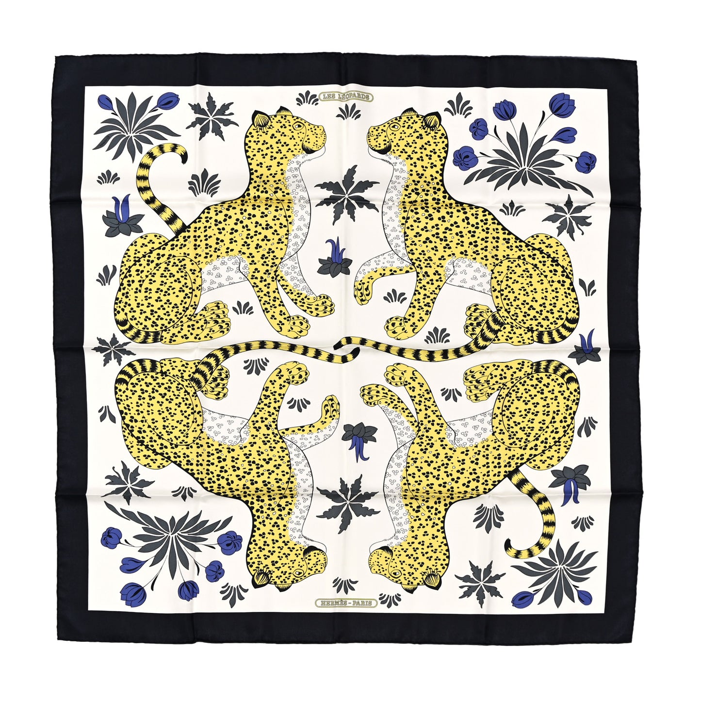 Silk Les Leopards Scarf 90 Black Blanc Jaune D'Or