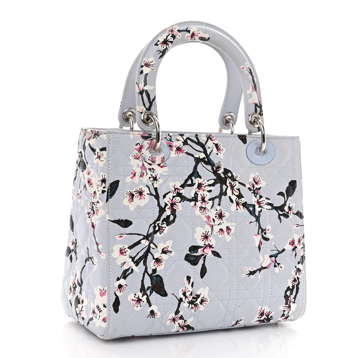 Lambskin Cannage Floral Printed Medium Lady Dior Light Blue