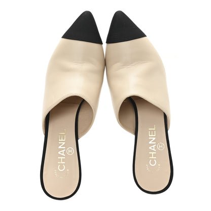 Chanel Goatskin Grosgrain Cap Toe Pearl Mule 39 Beige Black 2 of 9