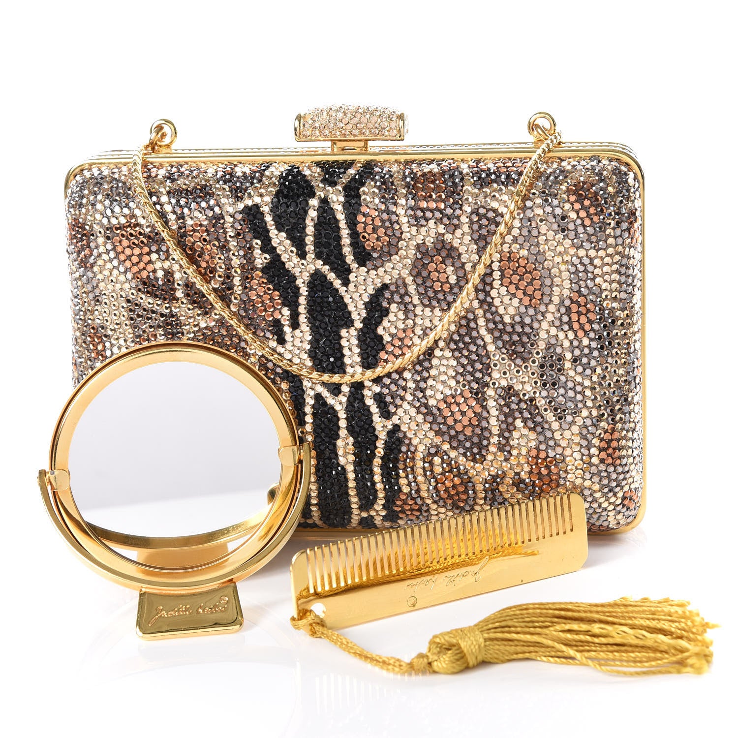 Judith Leiber Crystal Leopard Minaudiere Clutch Gold Brown 11 of 12