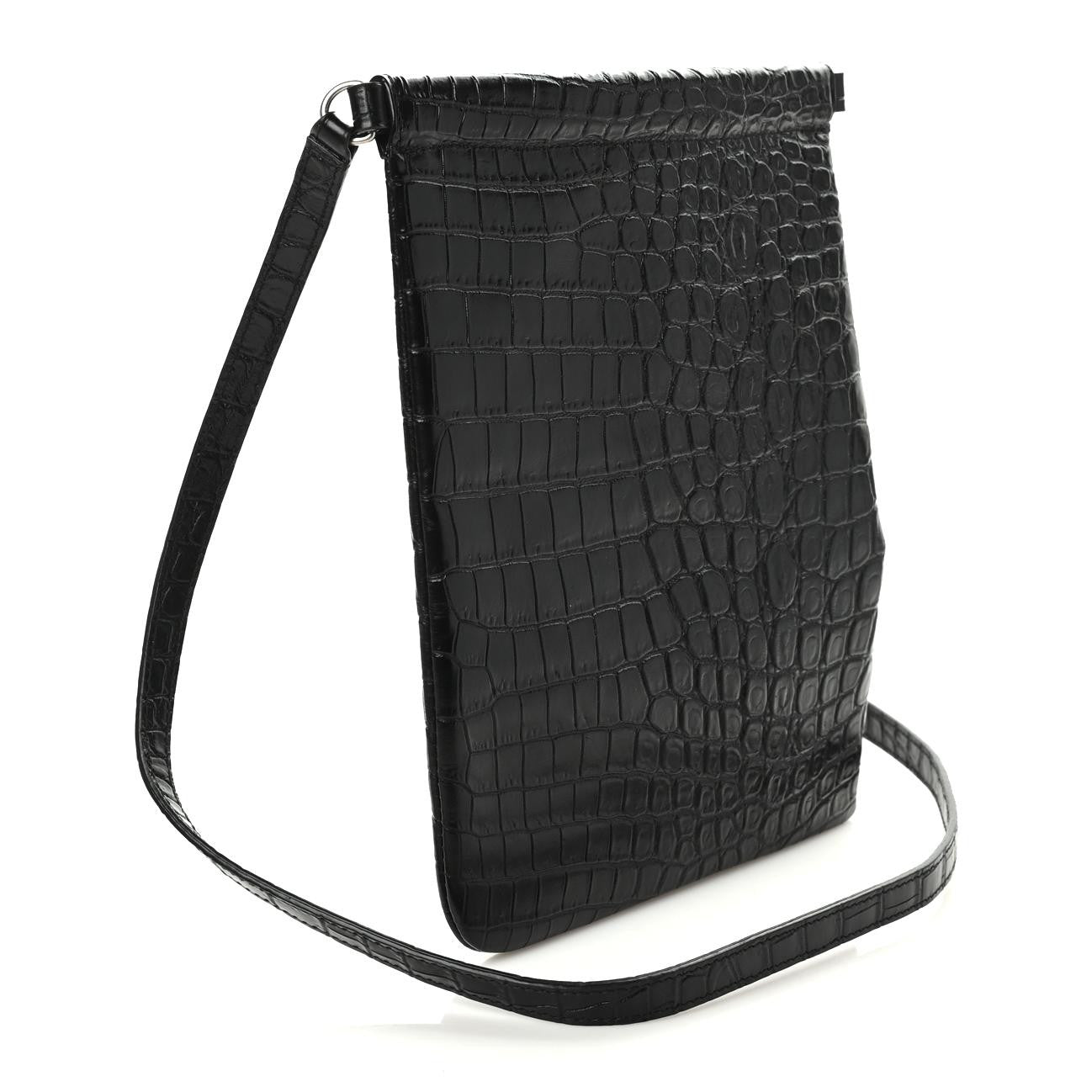 Calfskin Crocodile Embossed Sid Flat Crossbody Black