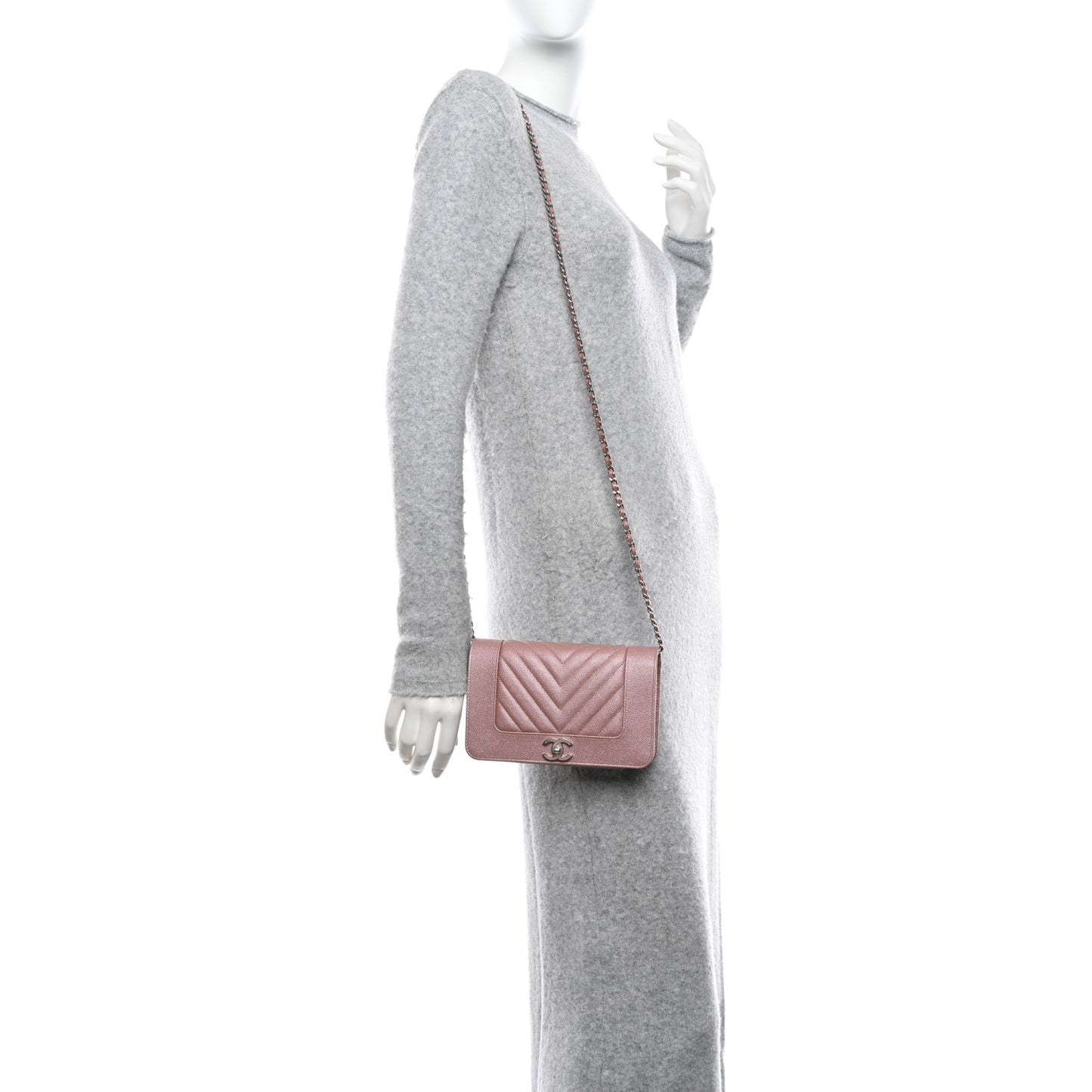 Metallic Caviar Chevron Quilted Vintage Mademoiselle Wallet On Chain WOC Pink