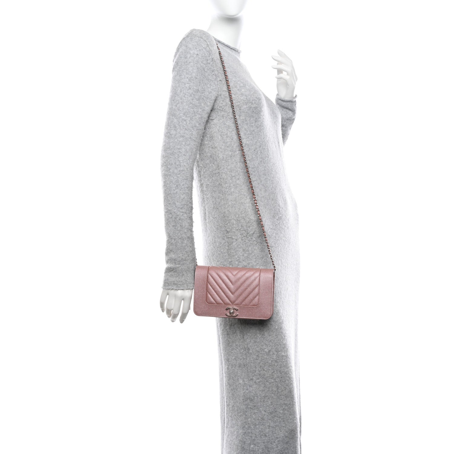 Chanel Metallic Caviar Chevron Quilted Vintage Mademoiselle Wallet On Chain WOC Pink 2 of 13