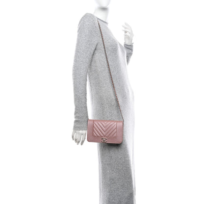 Chanel Metallic Caviar Chevron Quilted Vintage Mademoiselle Wallet On Chain WOC Pink 2 of 13