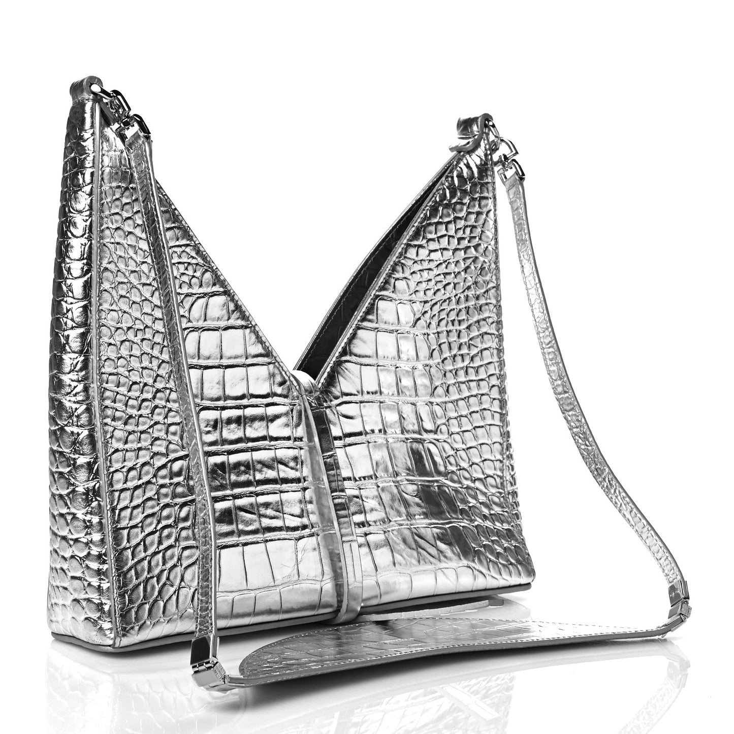 Metallic Calfskin Croc Embossed Small Cut Out Shoulder Bag Silver
