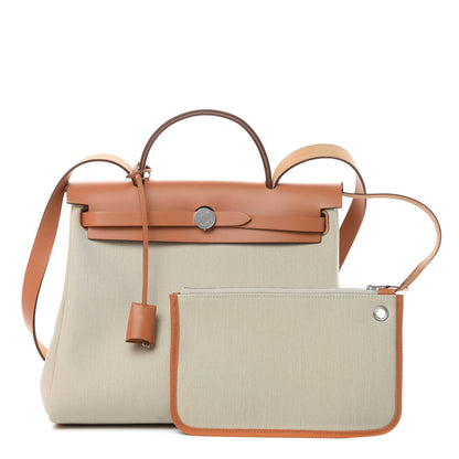Hermes Military Toile Vache Hunter Herbag Zip Retourne 31 PM Beton Naturel 1 of 12