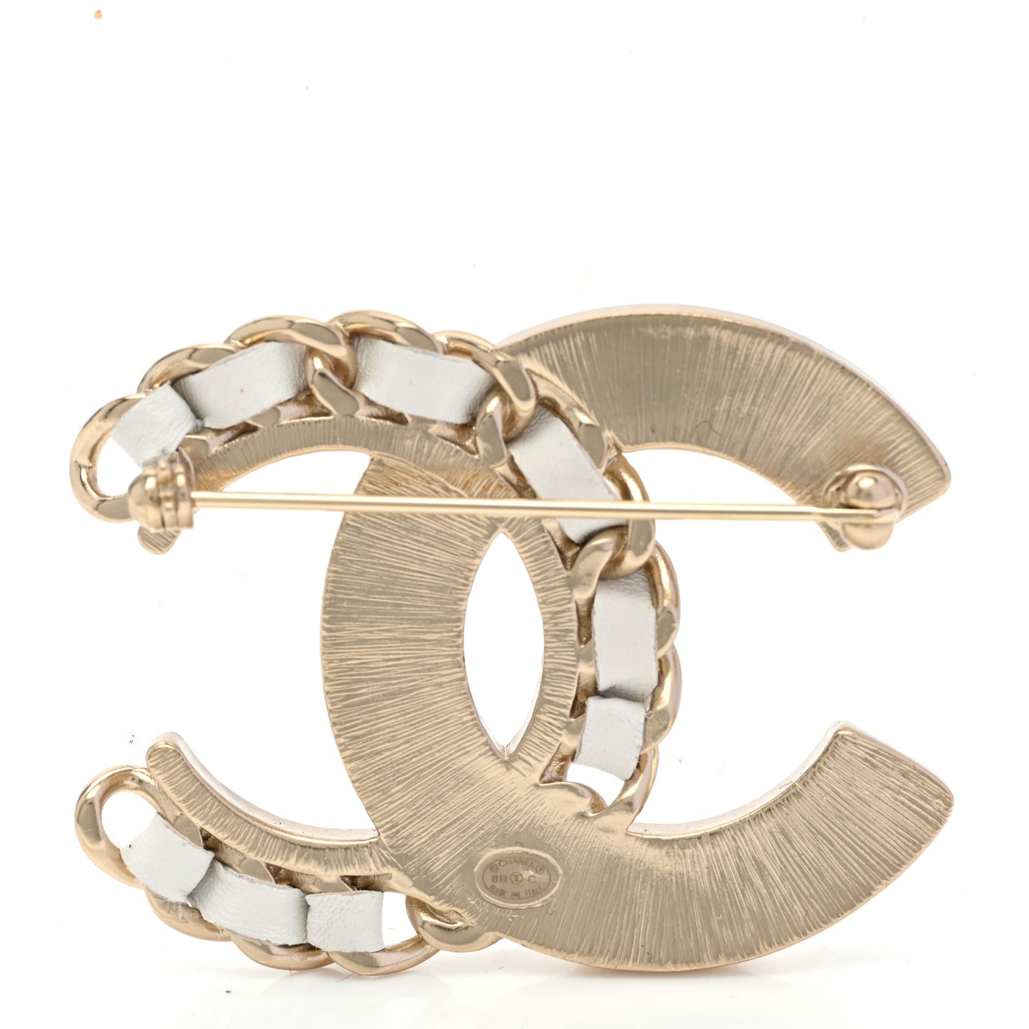 Lambskin Pearl Crystal CC Chain Brooch White Gold