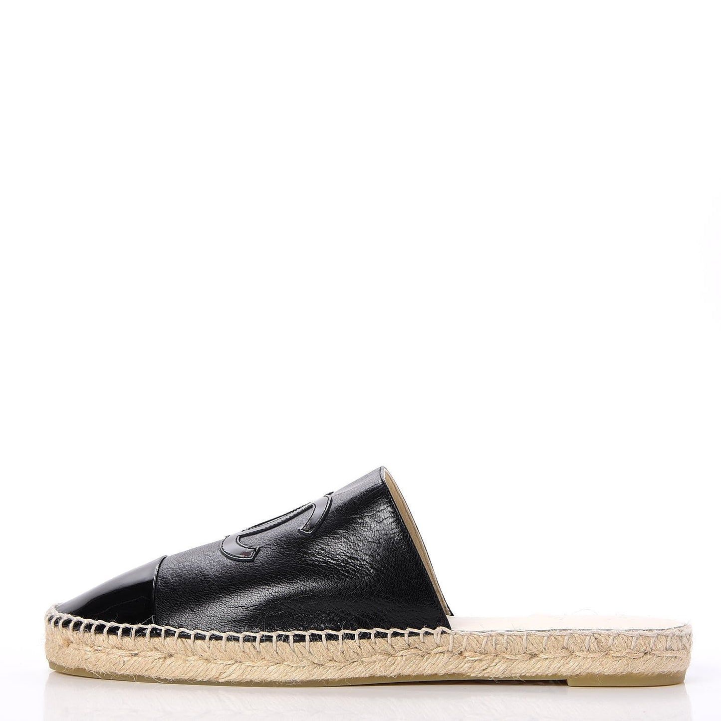 Iridescent Goatskin Patent CC Espadrille Mules 42 Black