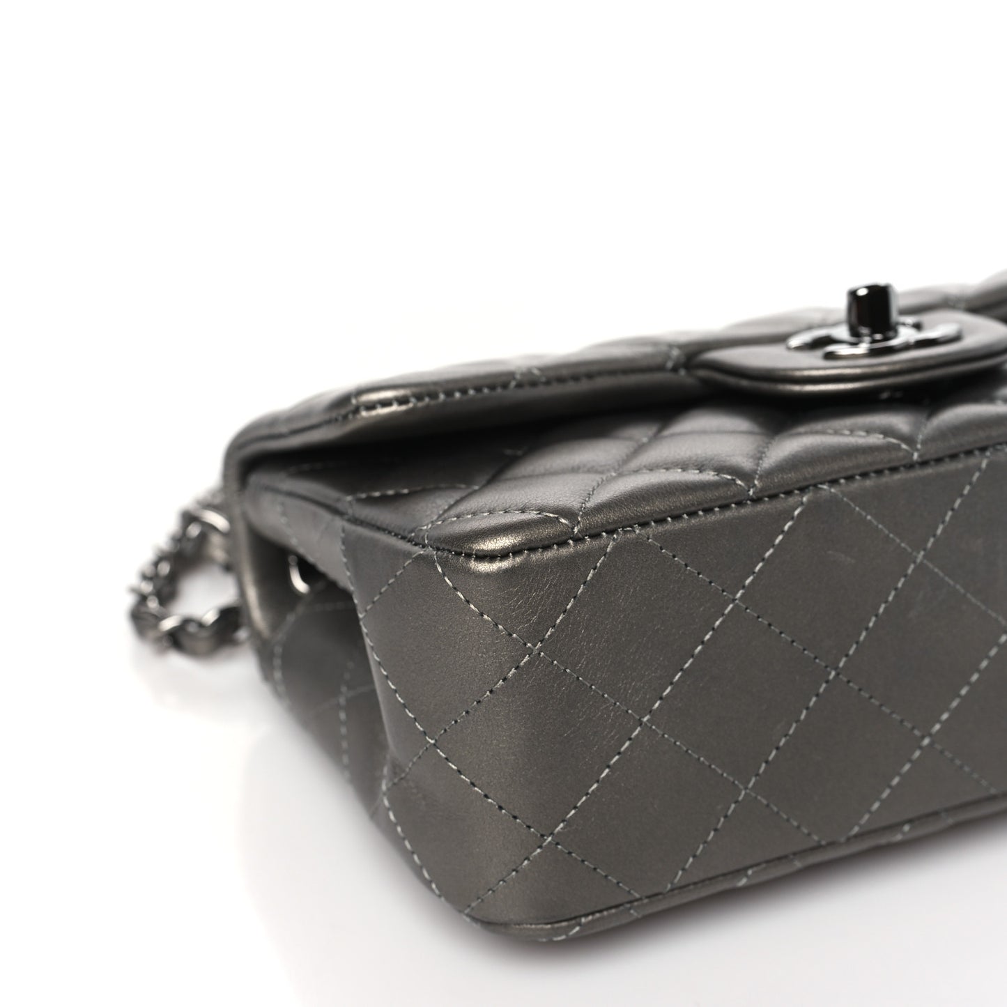 Metallic Calfskin Quilted Mini Rectangular Flap Ruthenium
