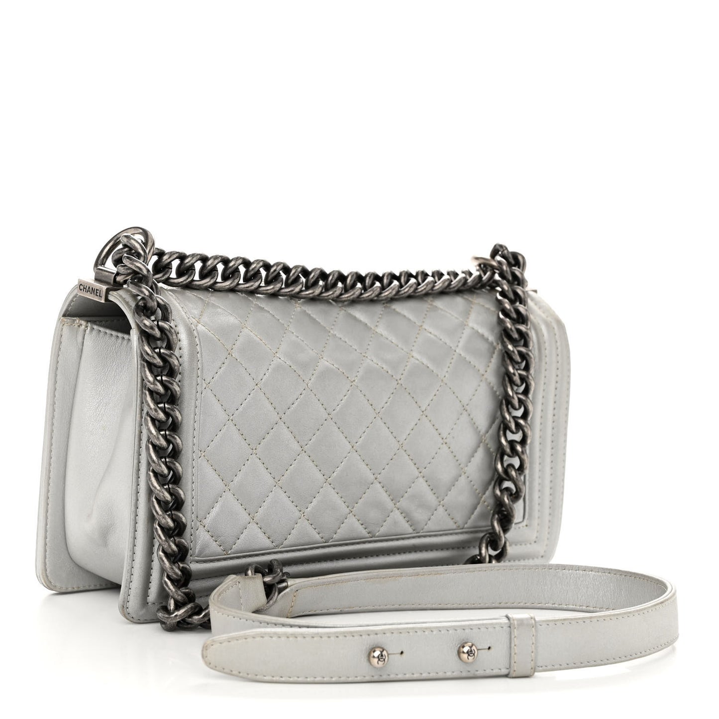 Metallic Lambskin Quilted Medium Boy Flap Silver